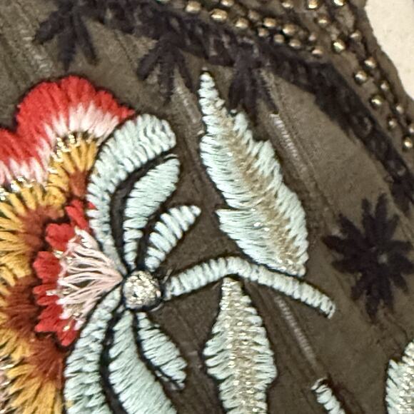 Akemi + Kin Anthropologie Top Size Large Dandelion Embroidered Beaded Boho Olive - Picture 6 of 10